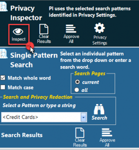 Initiate a Privacy Inspector search with the Inspect icon.