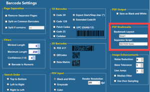 The Barcode Settings screen with the PDF Bookmarks settings highlighted