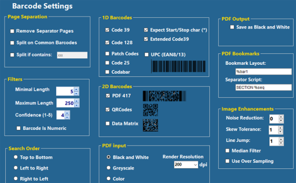 The Barcode Settings screen provides selections to manage how barcodes are identified, improved, and used.